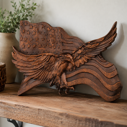 Eagle & Flag Wood Wall Plaque - Handcrafted American Heritage Tribute