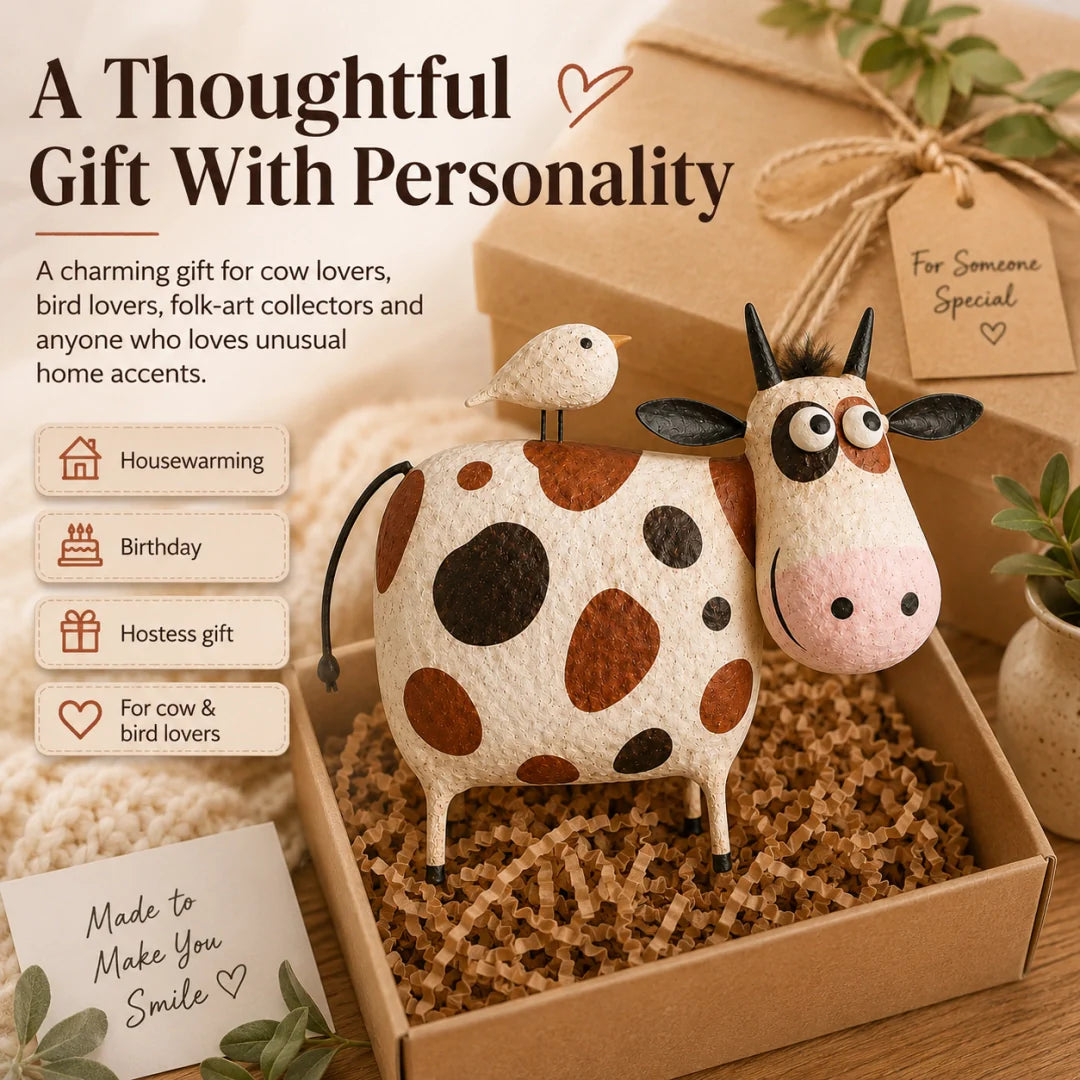 Whimsical Cow & Bird Figurine – Charming Folk Art Farmhouse Decor
