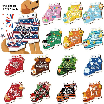 Cute Animal Wooden Sign – Interchangeable Magnetic Hats & Seasonal Decor