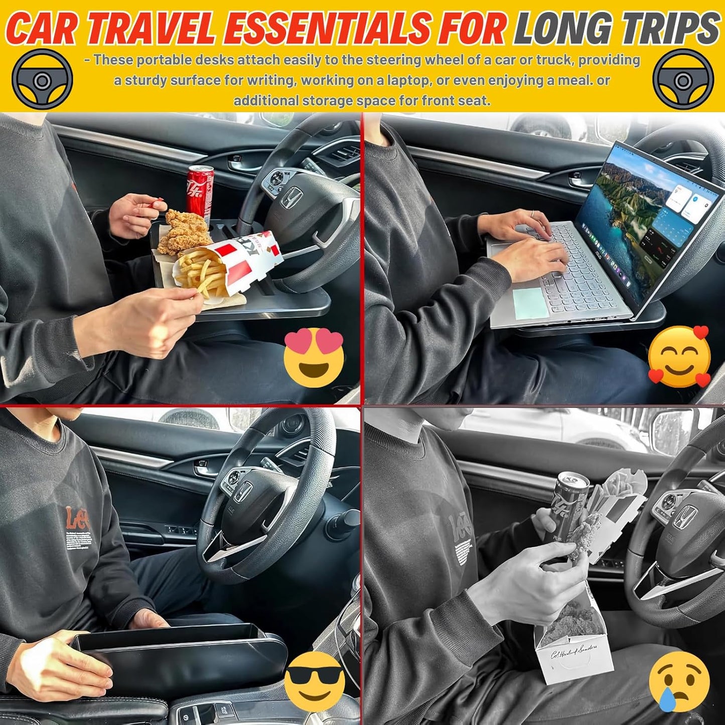 🚗 2-in-1 Car Desk Tray – Steering Wheel Workstation + Side Seat Storage Pocket