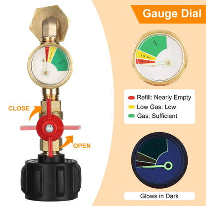 Upgraded Propane Refill Adapter with Valve and Gauge, Fill 1 lb Bottles from 20 lb Tank, Solid Brass