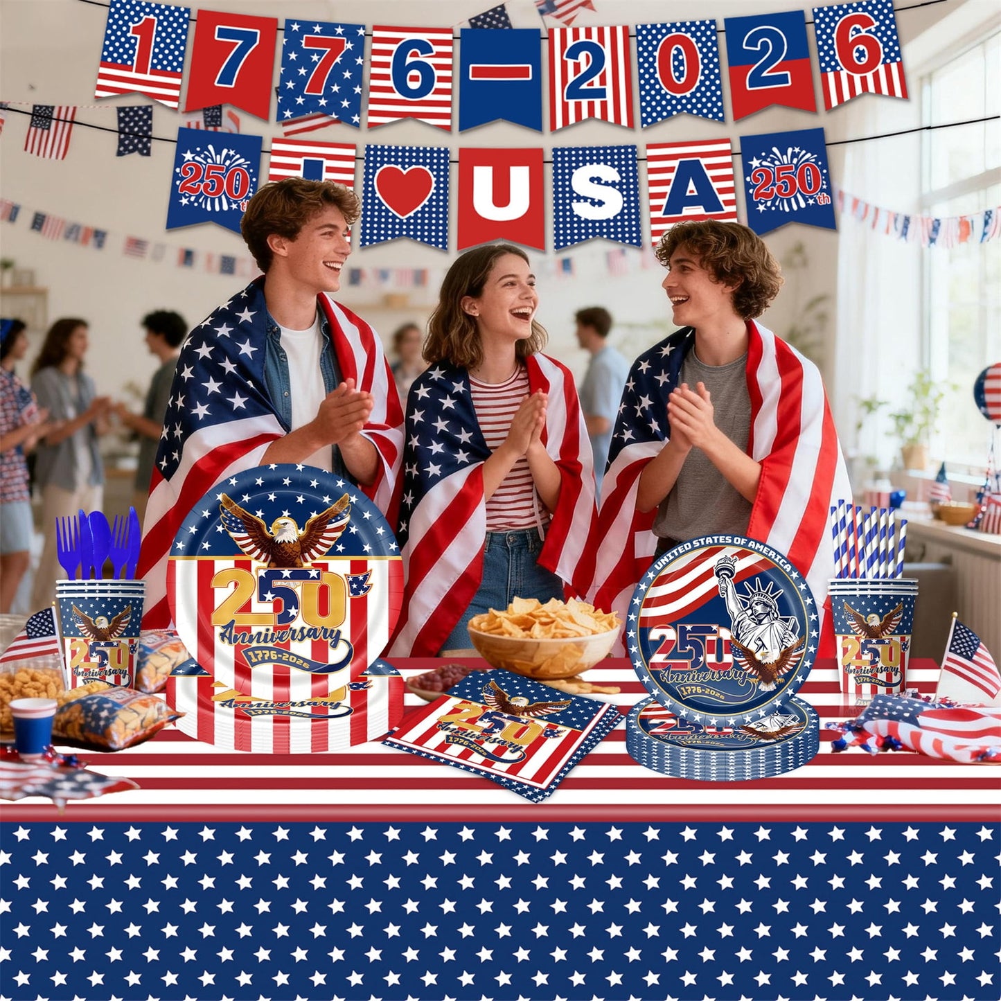 🎉Hot Sell🔥4th of July All-in-One Disposable Party Kit | Perfect for America’s 250th Celebration! 97PCS with Tablecloth, Banners & Cutlery