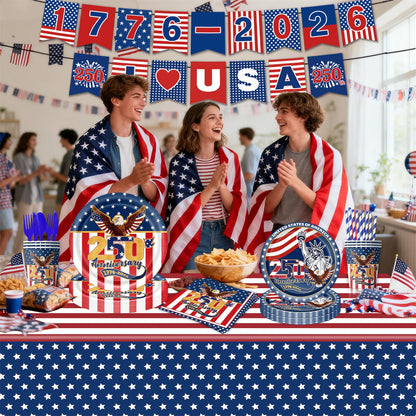 🎉Hot Sell🔥4th of July All-in-One Disposable Party Kit | Perfect for America’s 250th Celebration! 97PCS with Tablecloth, Banners & Cutlery