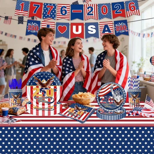 🎉Hot Sell🔥4th of July All-in-One Disposable Party Kit | Perfect for America’s 250th Celebration! 97PCS with Tablecloth, Banners & Cutlery