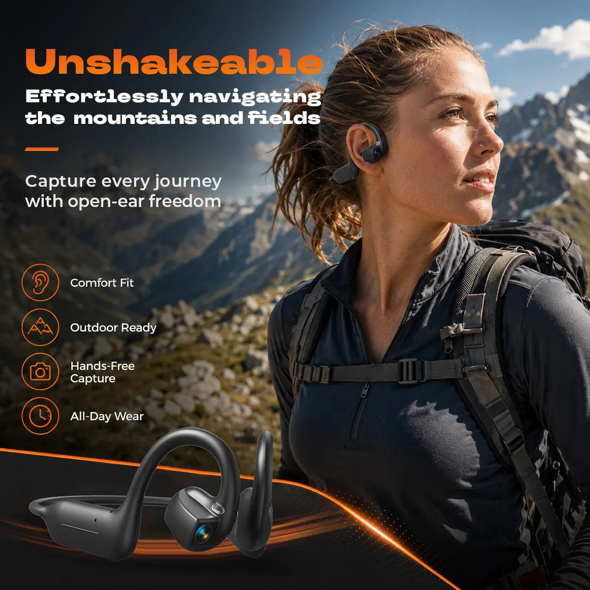 Bone conduction Bluetooth headphones featuring an 8-megapixel camera with EIS image stabilization, support for real-time translation in over 160 languages, dual touch and button controls, and IP54 water resistance.