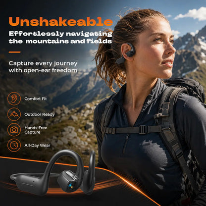 Bone conduction Bluetooth headphones featuring an 8-megapixel camera with EIS image stabilization, support for real-time translation in over 160 languages, dual touch and button controls, and IP54 water resistance.