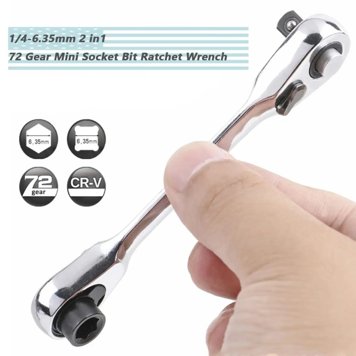✨1/4 Inch Mini Double Headed Ratchet Wrench Silver 72-Tooth 5° Quick Release Drive Socket Tool