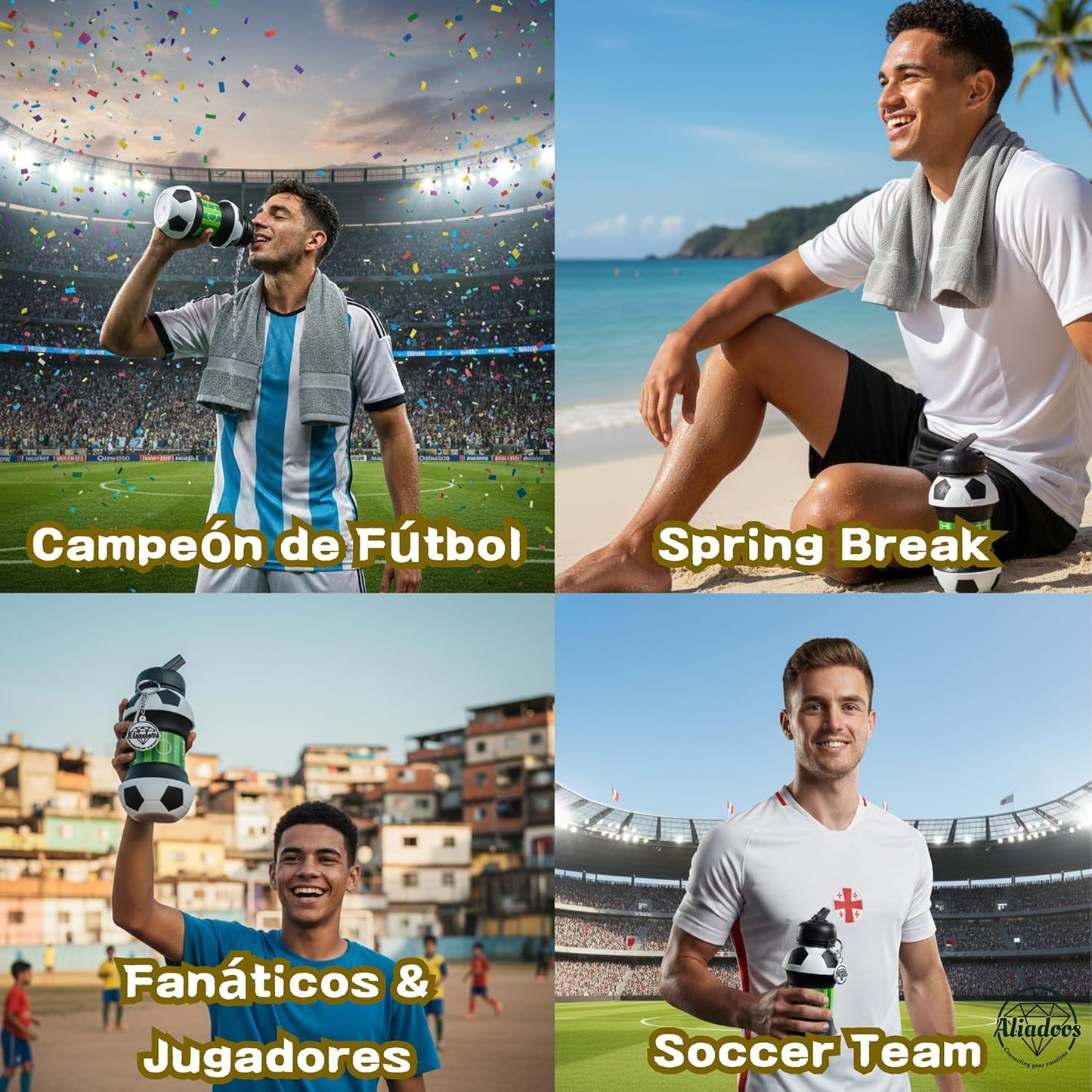 ⚽ Football Sport Design Silicone Collapsible Water Bottles, Sports Bottle with Carabiner Clip