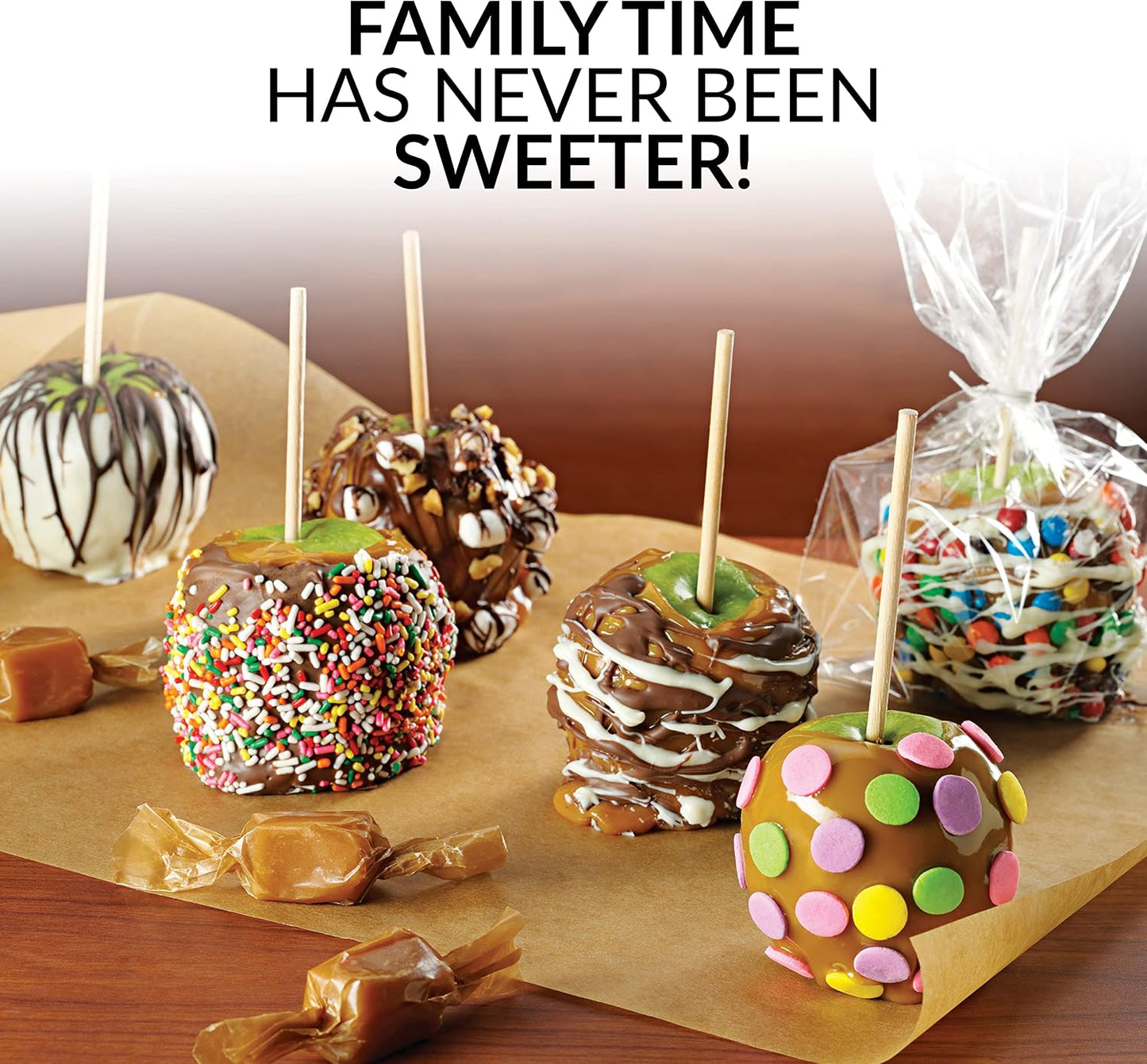 🍫Nostalgia Lazy Susan Chocolate & Caramel Apple Party with Heated Fondue Pot, 25 Sticks, Decorating and Toppings Trays