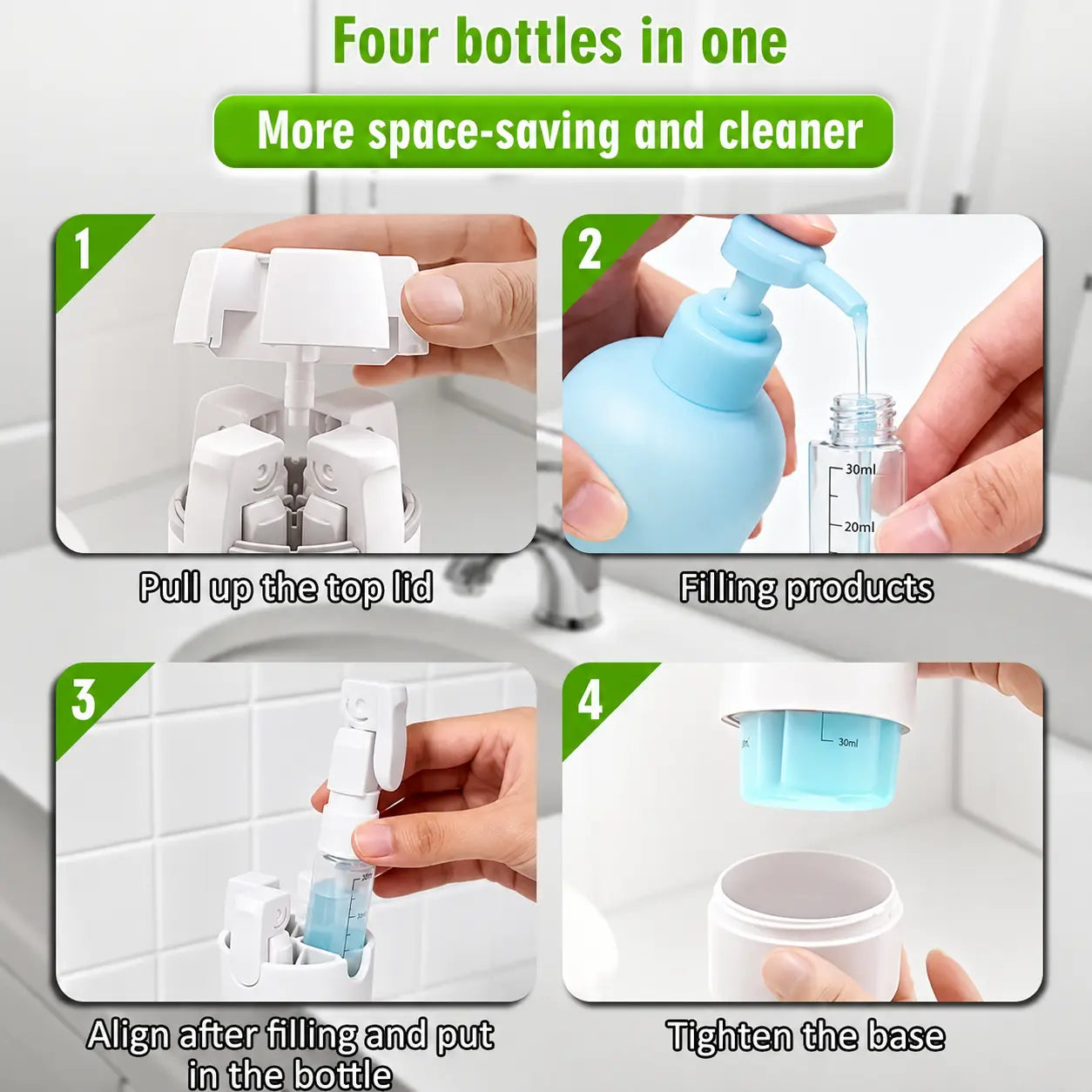 ✈️ 4-in-1 Leakproof Refillable Travel Toiletry Dispenser