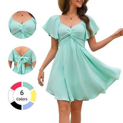 🌈50% OFF TODAY🚀Women's Sweetheart Knot Front Dress Flutter Sleeve Tie Back A-Line Chiffon Mini Dresses