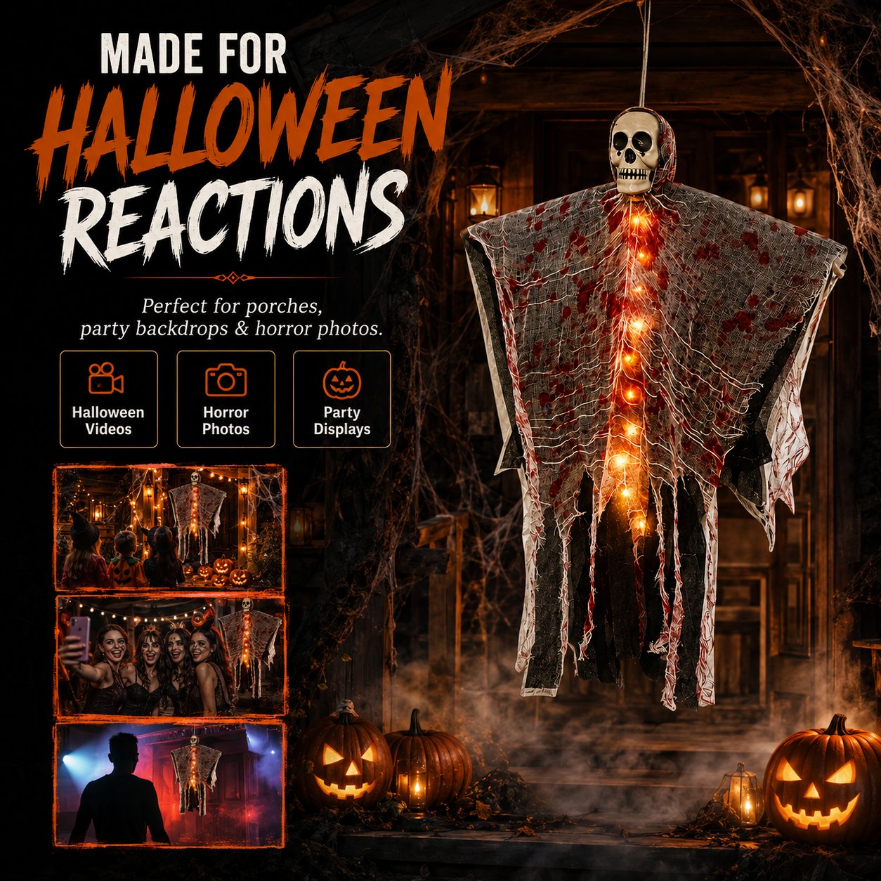 🩸Light-Up Bloody Hanging Ghost – 💀Creepy Skeleton Halloween Porch & Haunted House Decor