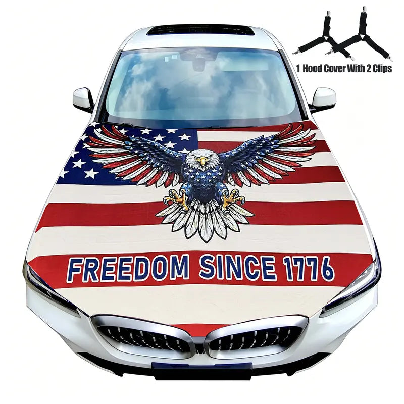 American Flag Car Hood Cover With Dual Triangle Clips Fits Trucks SUVs Sedans Jeep Commemorative Edition