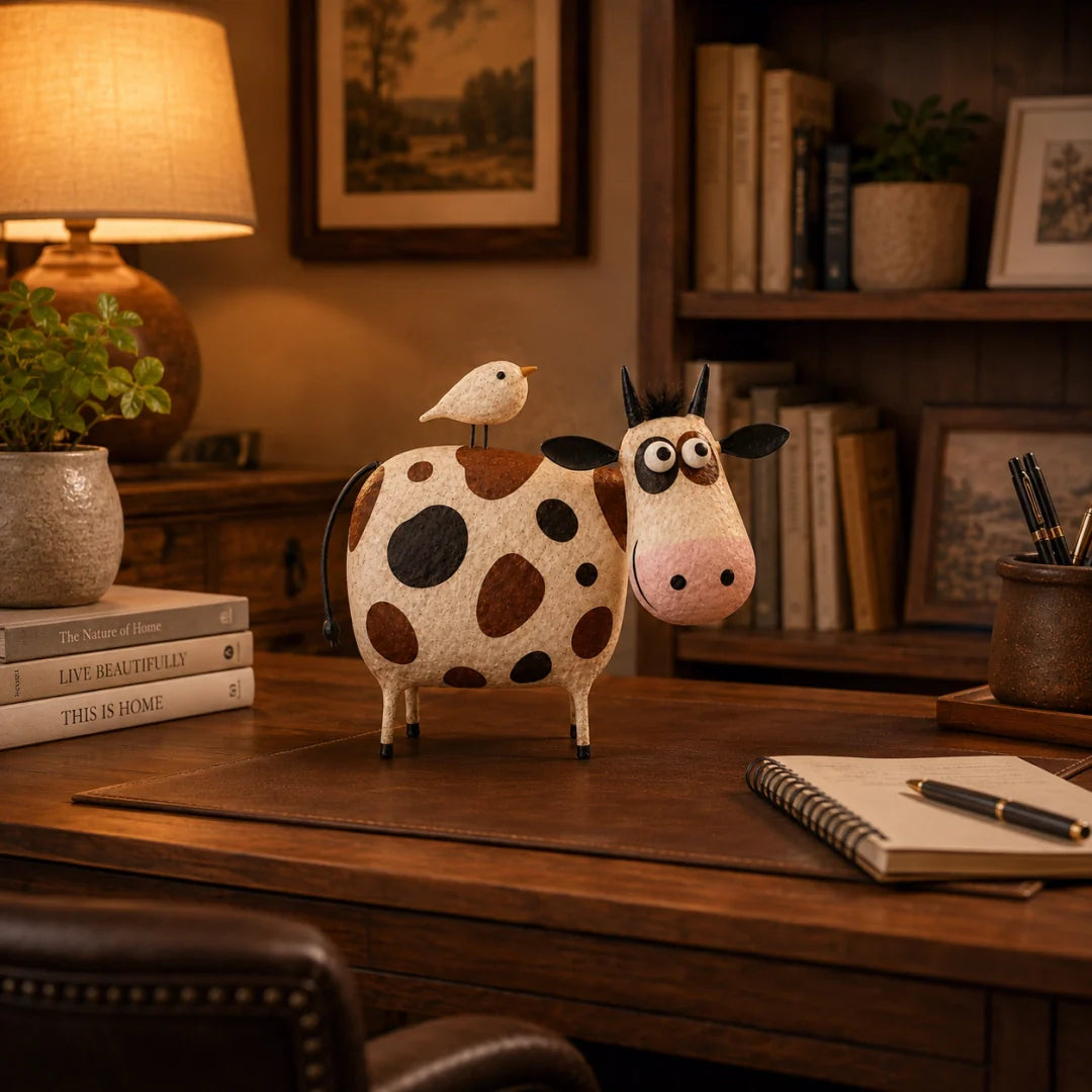 Whimsical Cow & Bird Figurine – Charming Folk Art Farmhouse Decor