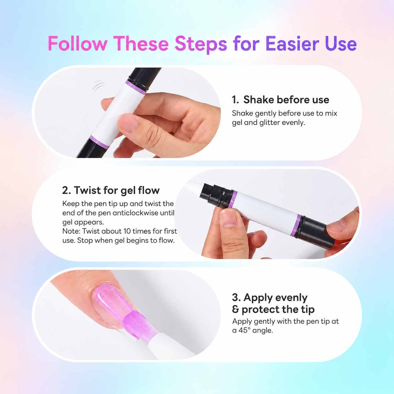 ✨ Gel Nail Polish Pen: Beginner-friendly and easy to carry on the go; delivers a brilliant, glossy finish with up to 14 days of long-lasting wear.