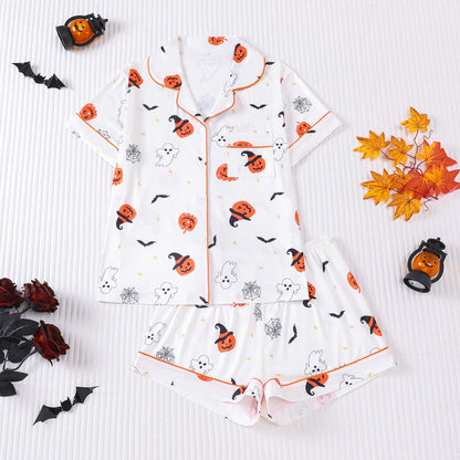 Women's Halloween Print Lapel Pajama Set – Mid-Year Sale: Casual, Comfortable Short-Sleeve Top & Shorts – All-Season Loungewear