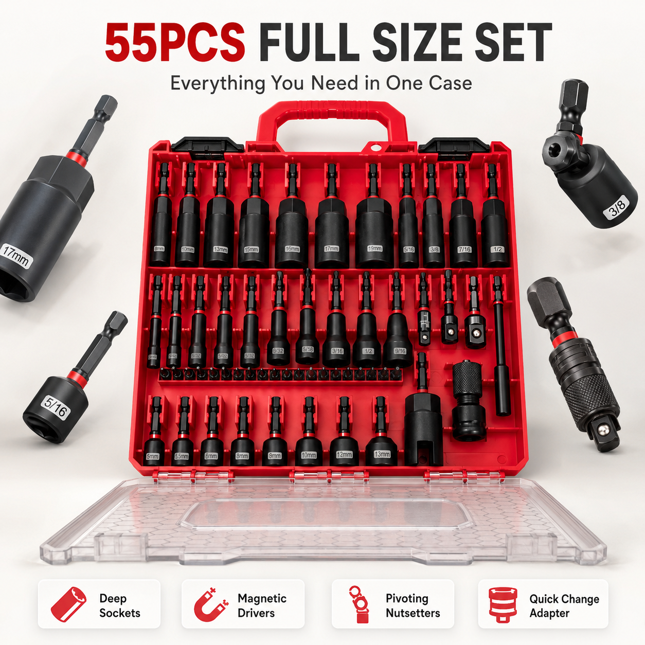 Magnetic Impact Nut Driver Set 55PCS – CR-V Steel Socket Tool Kit for Drill