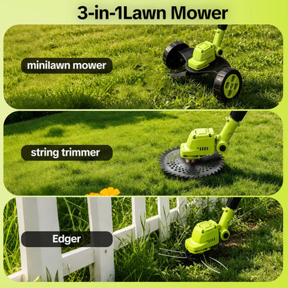 3-in-1 Cordless Lawn Mower with 2×21V Batteries, German Quality Lightweight Grass Trimmer & Edger for Small to Medium Gardens