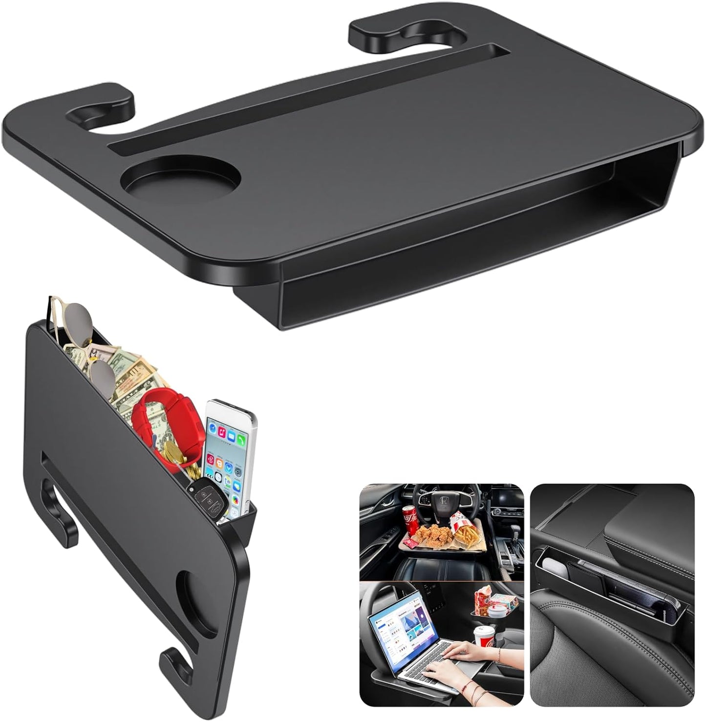 🚗 2-in-1 Car Desk Tray – Steering Wheel Workstation + Side Seat Storage Pocket
