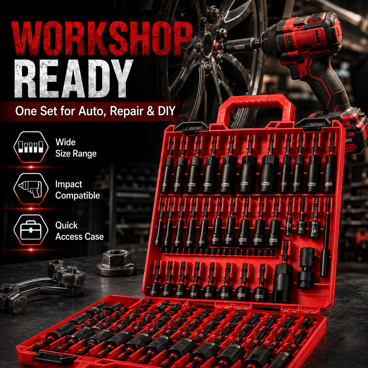 Magnetic Impact Nut Driver Set 55PCS – CR-V Steel Socket Tool Kit for Drill