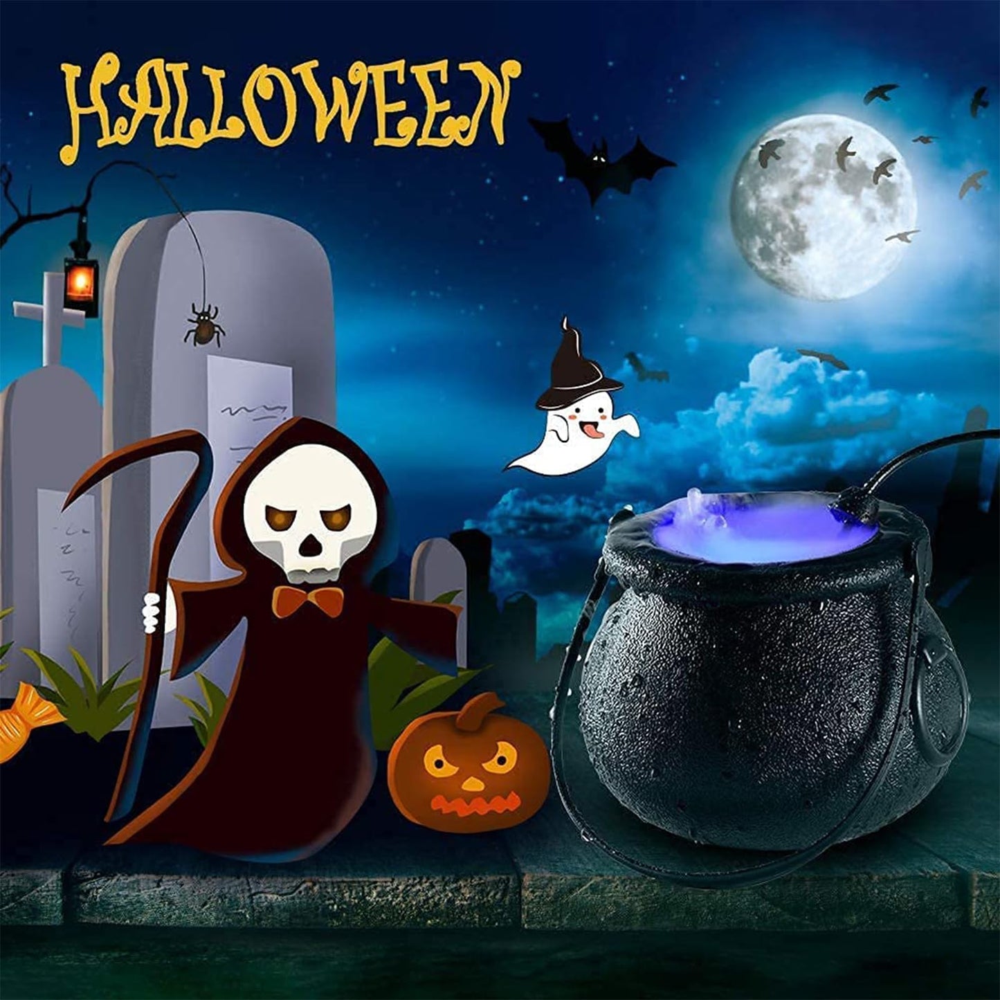 🧙‍♀️ Halloween Witch Cauldron Mist Maker | Bubbling Fog & Color-Changing LED Lights