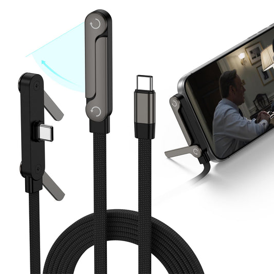 240W USB C to USB C Cable Fast Charging,5FT Invisible Type C Cable with Built-in Phone Stand T-Shaped Foldable Cord,USBC Cable with 90° Angled Kickstand