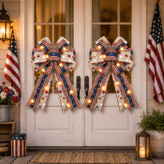 Show Your American Pride ❤️🤍💙 2Pcs LED Patriotic Burlap Bow Set For Front Door & Wreath Decor