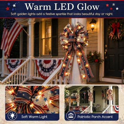 Show Your American Pride ❤️🤍💙 2Pcs LED Patriotic Burlap Bow Set For Front Door & Wreath Decor