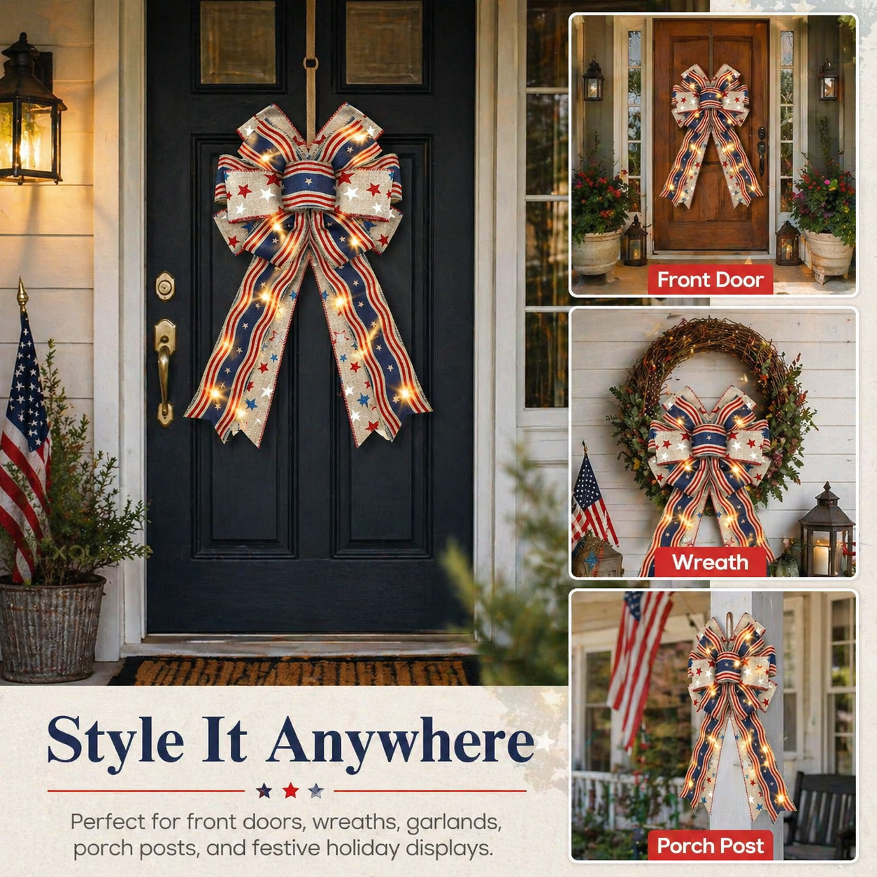 Show Your American Pride ❤️🤍💙 2Pcs LED Patriotic Burlap Bow Set For Front Door & Wreath Decor