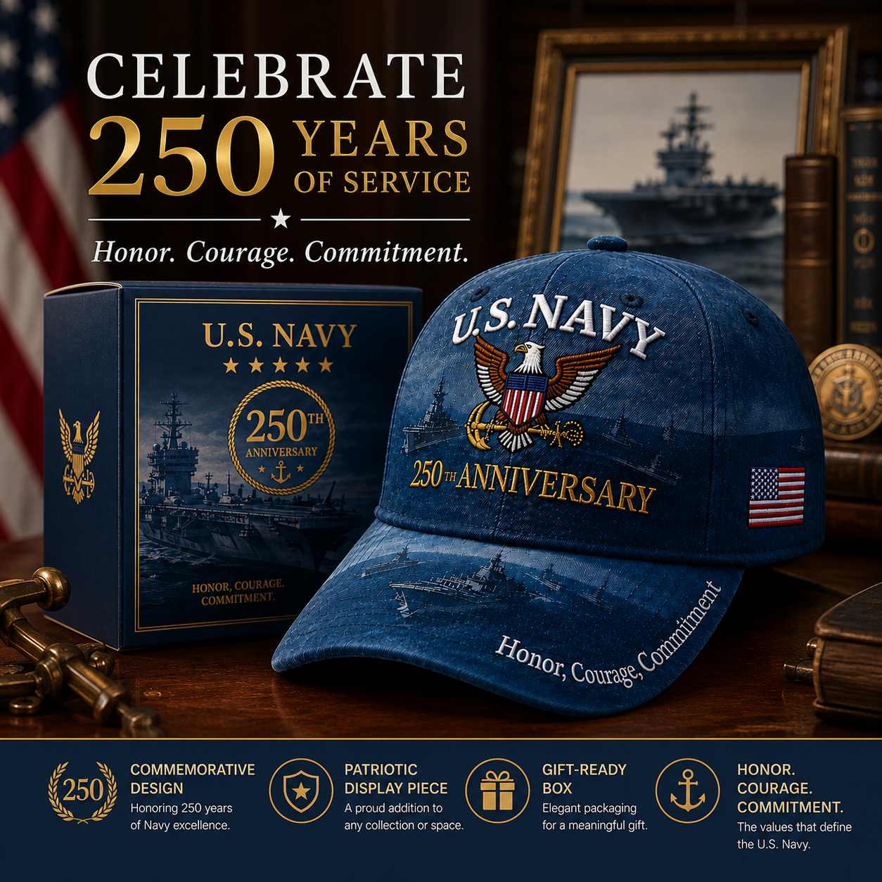🔥 Father’s Day Sale - ❤️ U.S. Navy 250th Anniversary Commemorative Embroidered Cap 🇺🇸