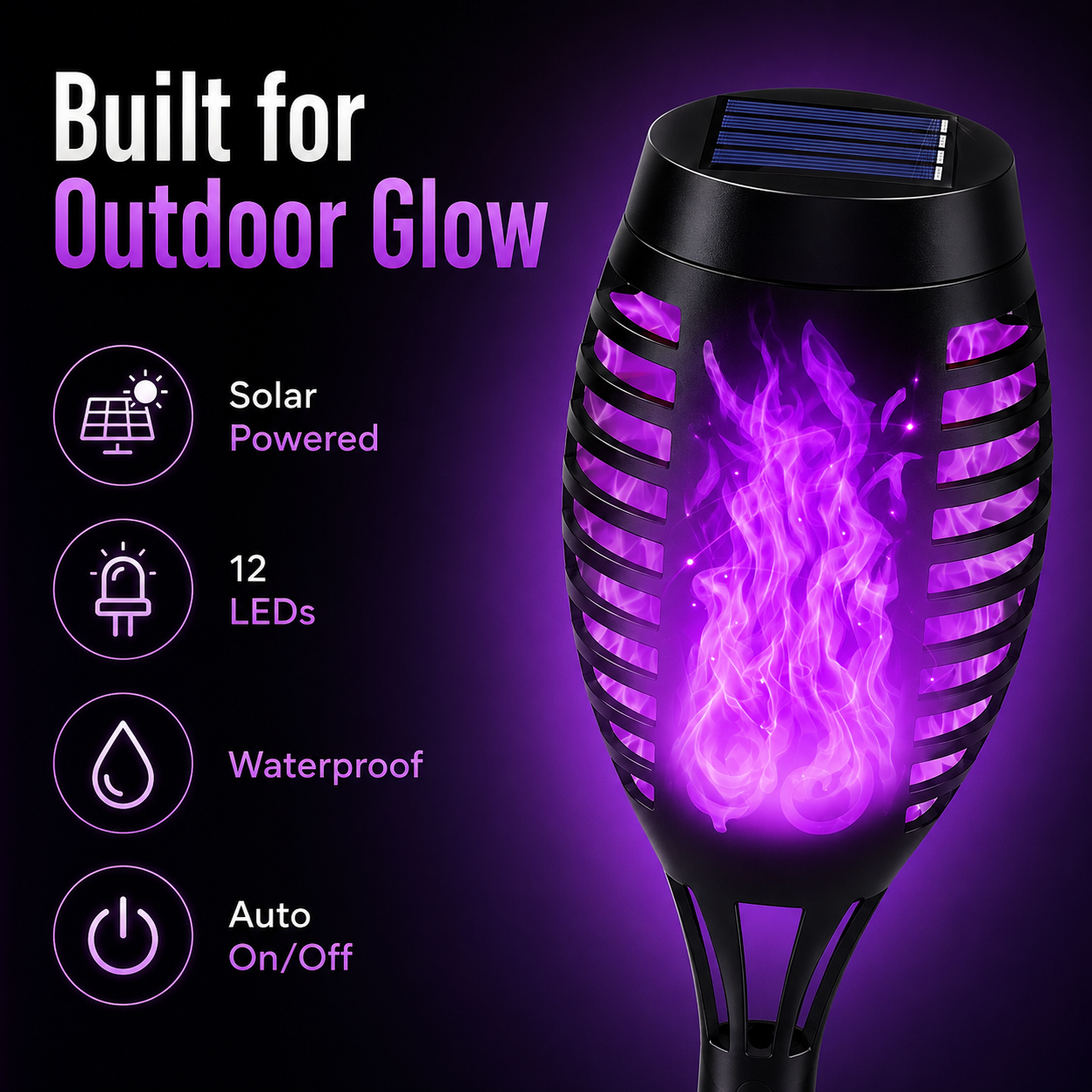 6-Pack Solar Halloween Torch Lights：Purple Flickering Flame, Waterproof Yard Pathway Patio Decor