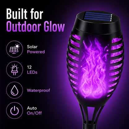 6-Pack Solar Halloween Torch Lights：Purple Flickering Flame, Waterproof Yard Pathway Patio Decor
