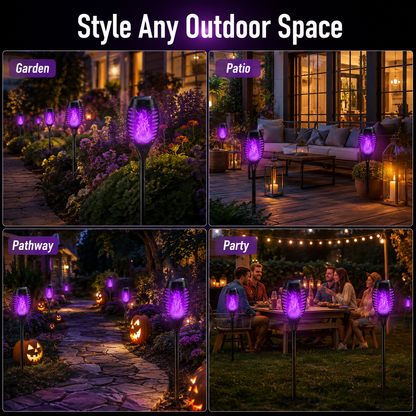 6-Pack Solar Halloween Torch Lights：Purple Flickering Flame, Waterproof Yard Pathway Patio Decor