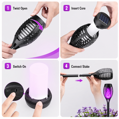 6-Pack Solar Halloween Torch Lights：Purple Flickering Flame, Waterproof Yard Pathway Patio Decor
