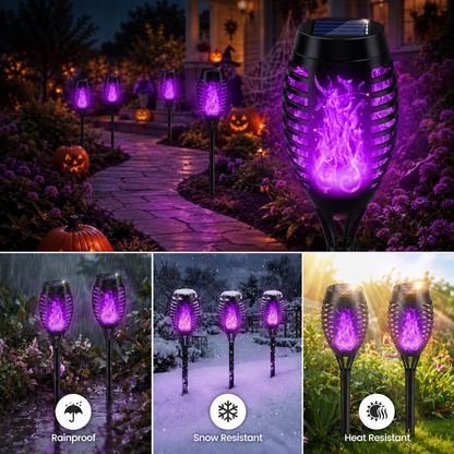 6-Pack Solar Halloween Torch Lights：Purple Flickering Flame, Waterproof Yard Pathway Patio Decor