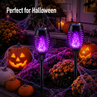 6-Pack Solar Halloween Torch Lights：Purple Flickering Flame, Waterproof Yard Pathway Patio Decor