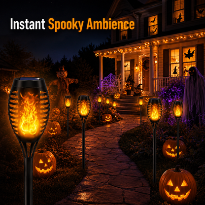 6-Pack Solar Halloween Torch Lights：Purple Flickering Flame, Waterproof Yard Pathway Patio Decor