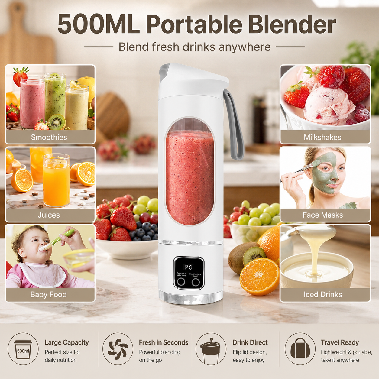 500ML USB Rechargeable Portable Smoothie Blender