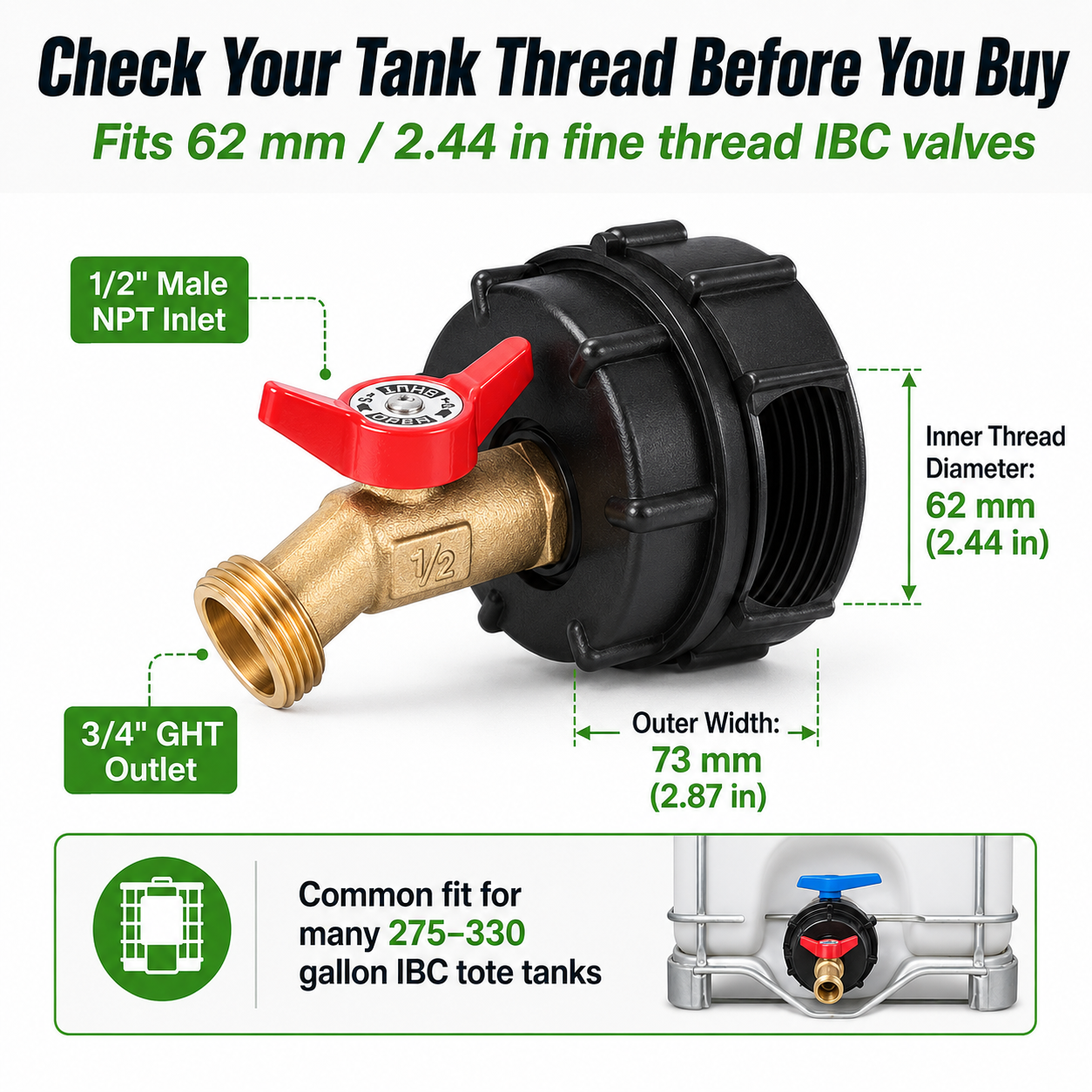 IBC Tote Adapter Kit With Brass Garden Hose Valve