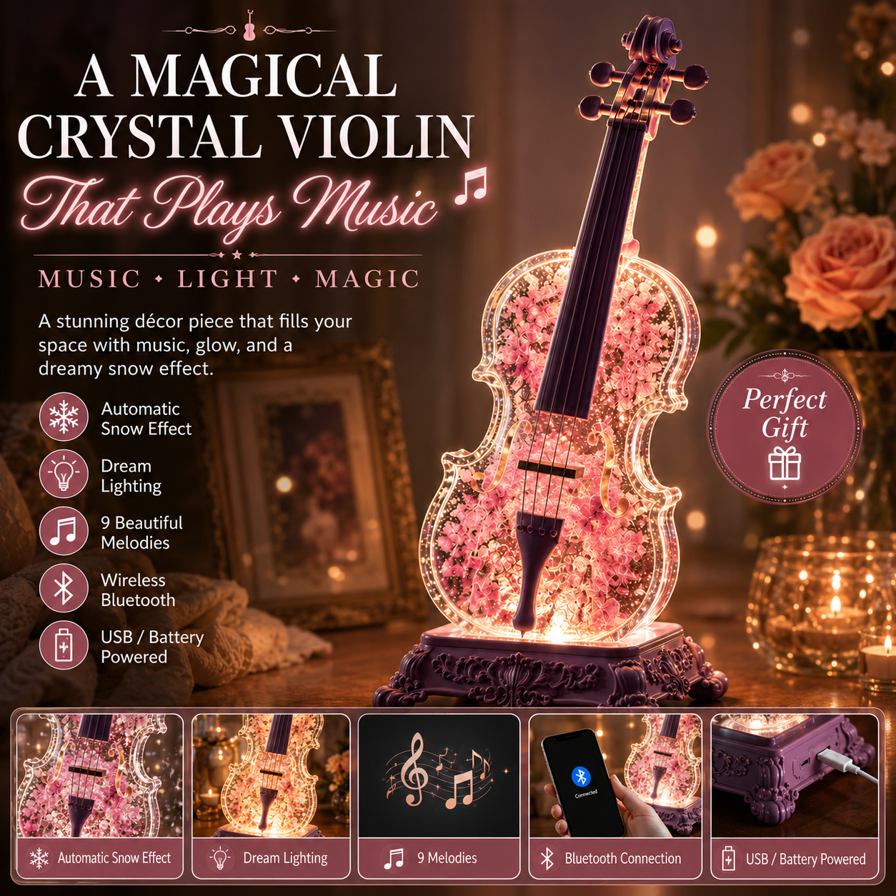🎶Crystal Violin Music Box with Bluetooth & Snow Light