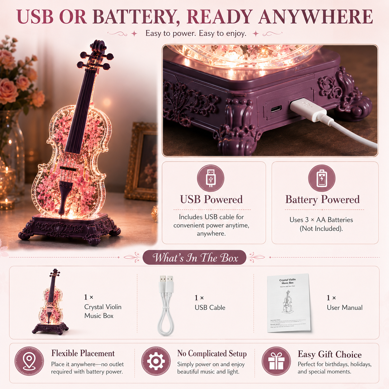 🎶Crystal Violin Music Box with Bluetooth & Snow Light
