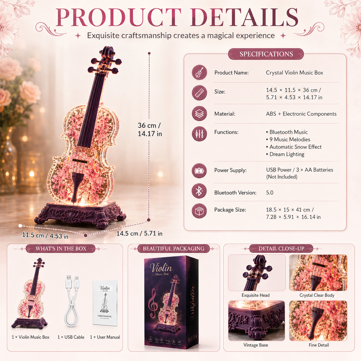 🎶Crystal Violin Music Box with Bluetooth & Snow Light