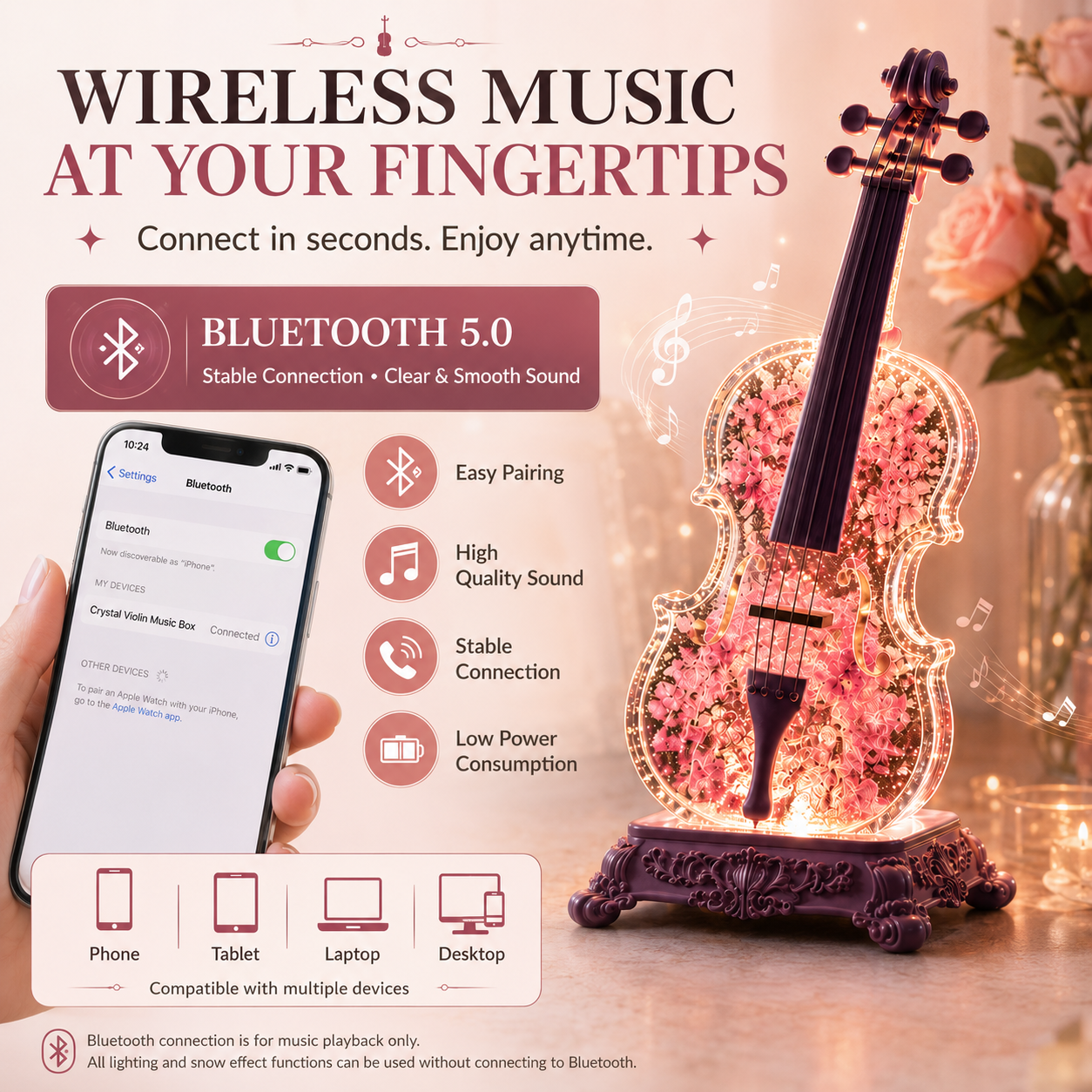 🎶Crystal Violin Music Box with Bluetooth & Snow Light