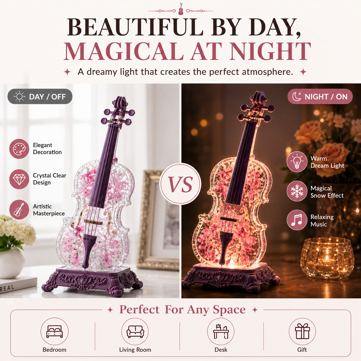 🎶Crystal Violin Music Box with Bluetooth & Snow Light