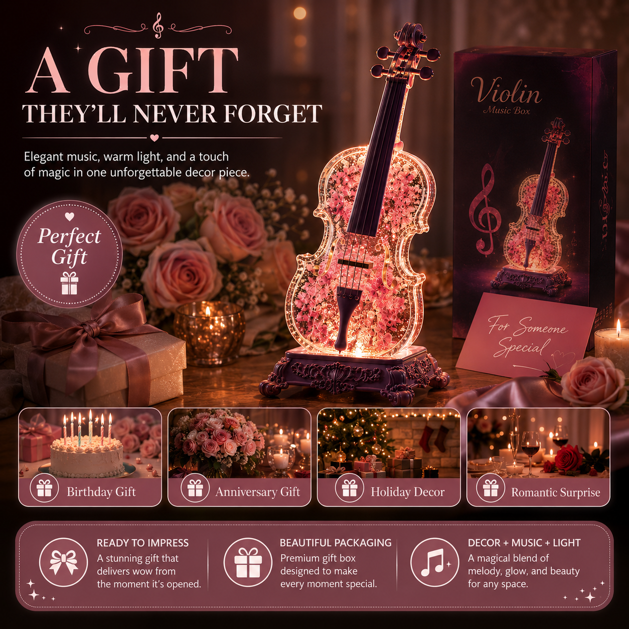 🎶Crystal Violin Music Box with Bluetooth & Snow Light