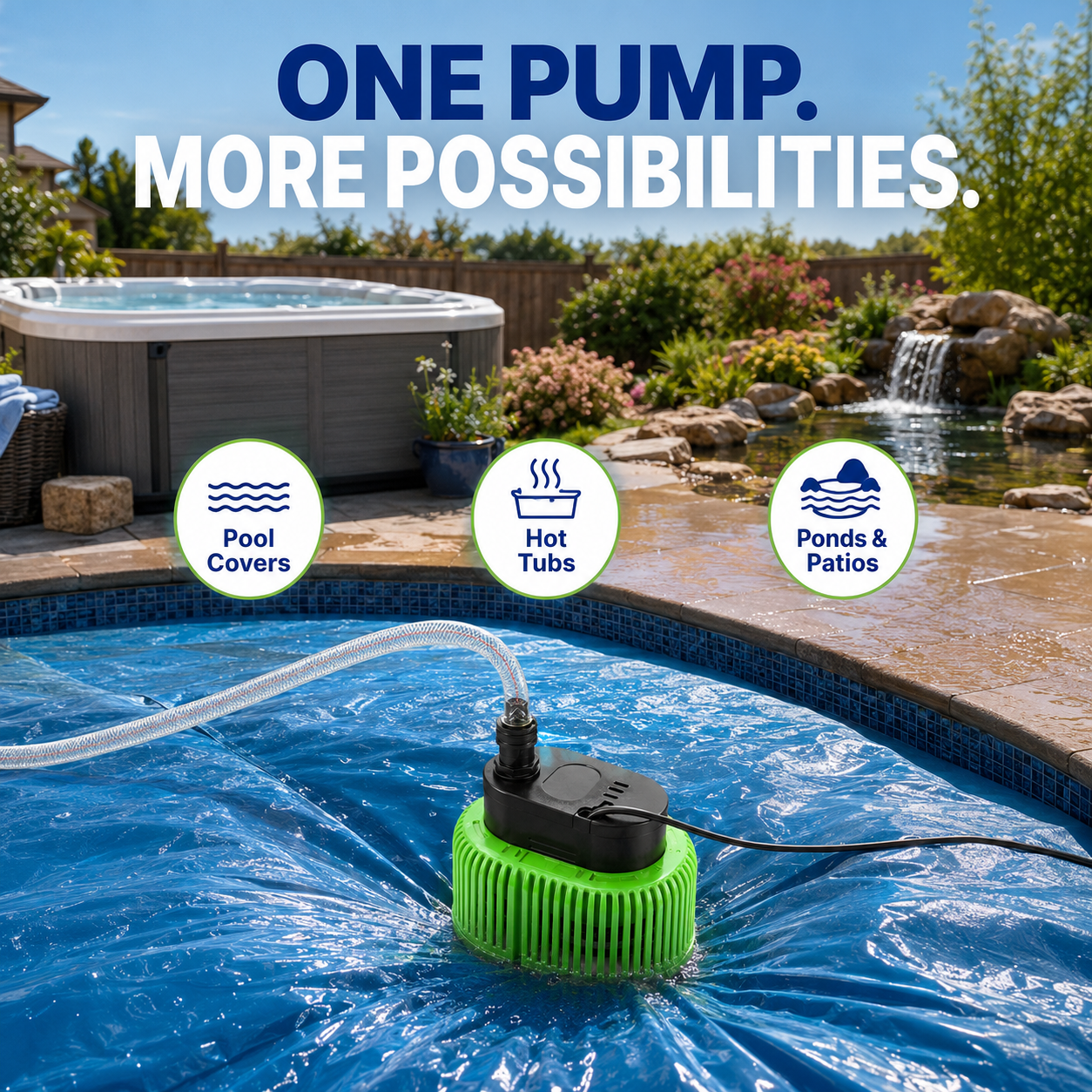 Above Ground Pool Cover Pump with 16FT Hose & 4 Universal Adapters