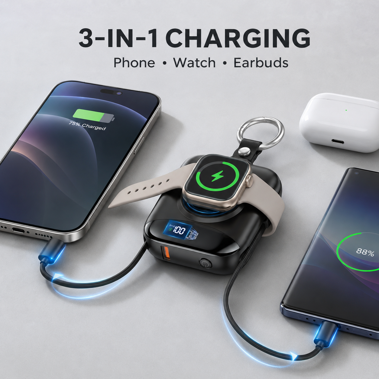 ⚡ 10000mAh 3-in-1 Mini Portable Charger – Phone, Watch & Earbud Power Bank