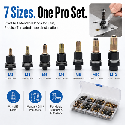 77PCS M3–M12 Rivet Nut Mandrel Tool Kit | Metric Threaded Insert Set