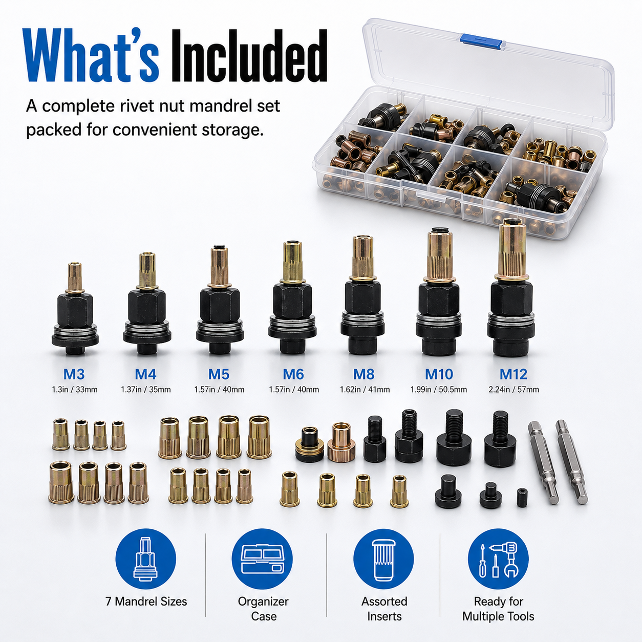 77PCS M3–M12 Rivet Nut Mandrel Tool Kit | Metric Threaded Insert Set