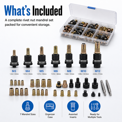 77PCS M3–M12 Rivet Nut Mandrel Tool Kit | Metric Threaded Insert Set